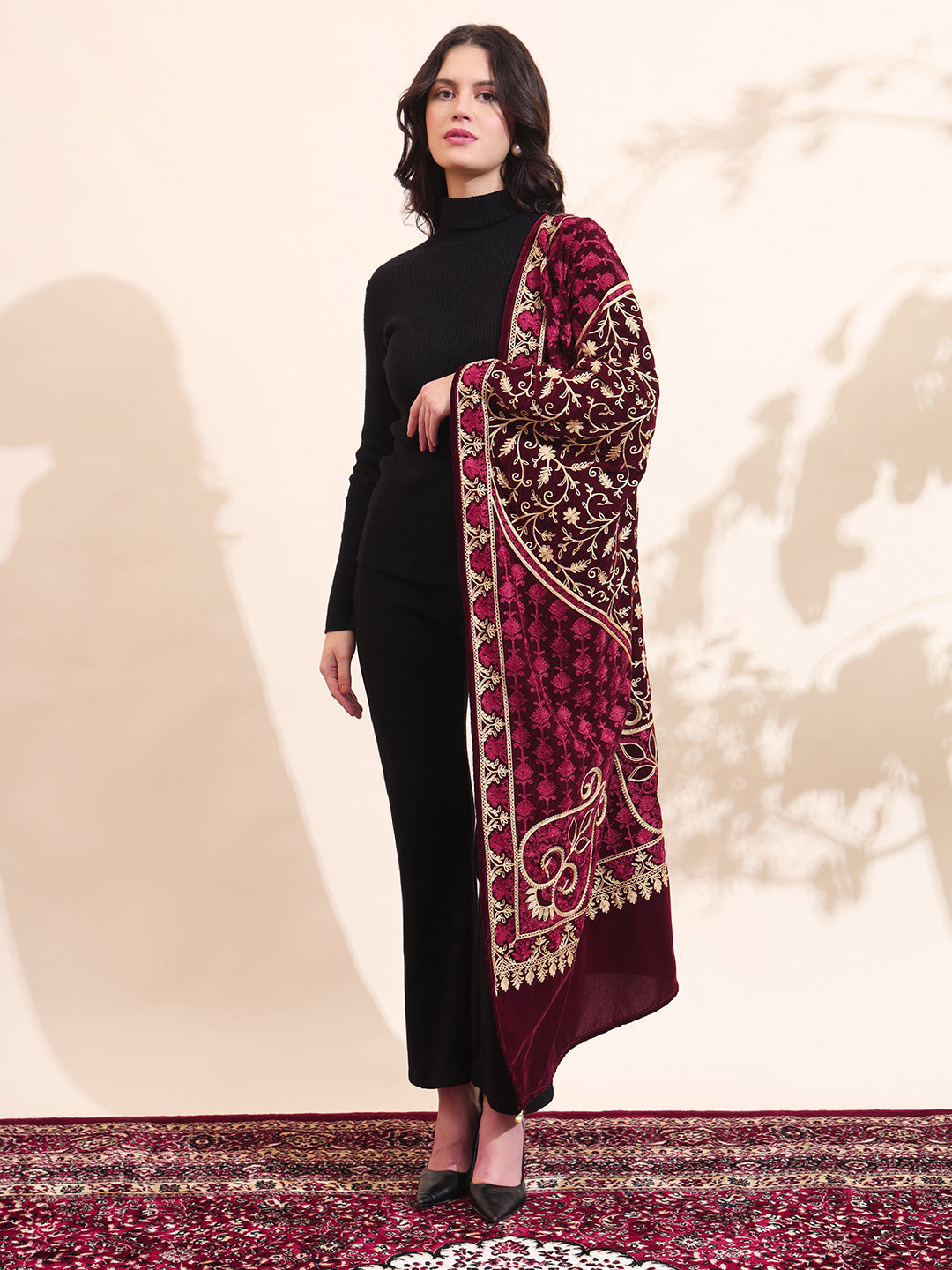 Velvet Floral Zari Embroidered Stole | Maroon