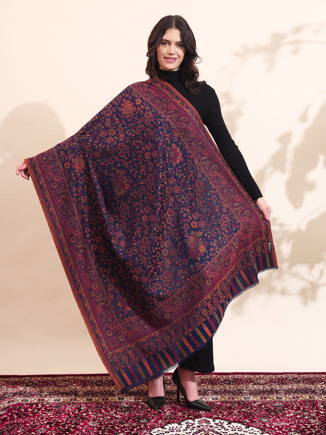 Kani Weave Floral Jaal Pattern Shawl For Women | Blue