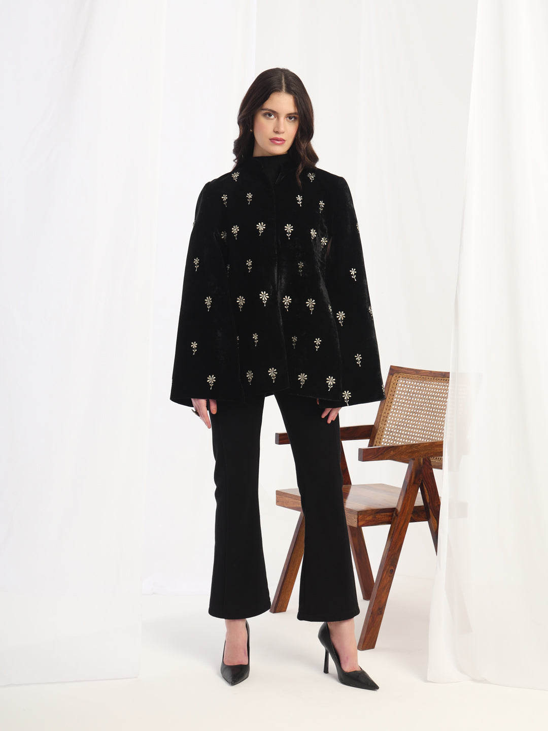 Velvet Floral Embroidered Black Cape Jacket | Black