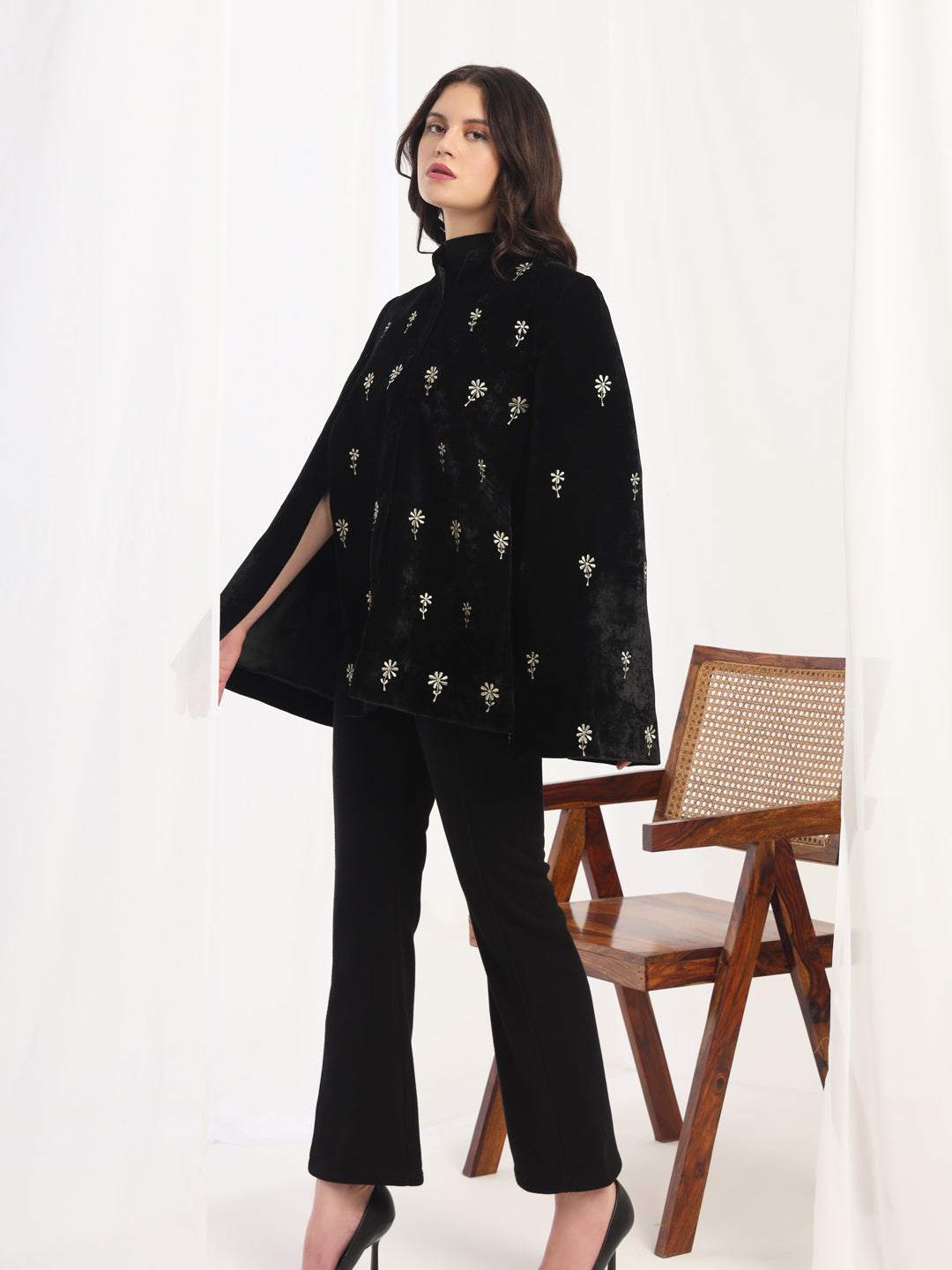 Velvet Floral Embroidered Black Cape Jacket | Black