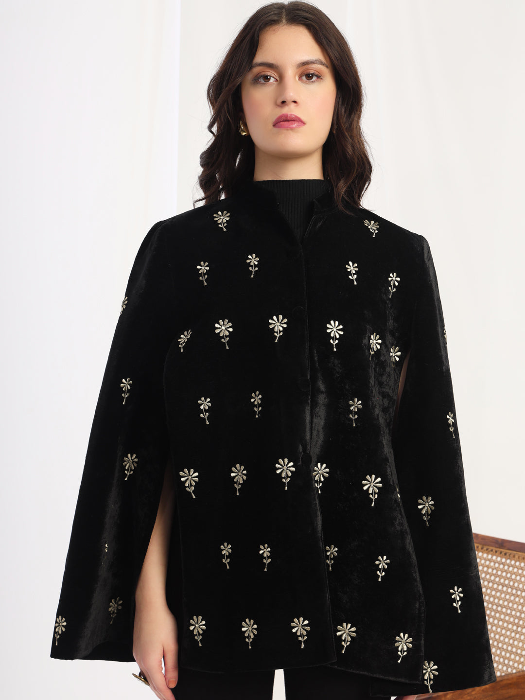 Velvet Floral Embroidered Black Cape Jacket | Black