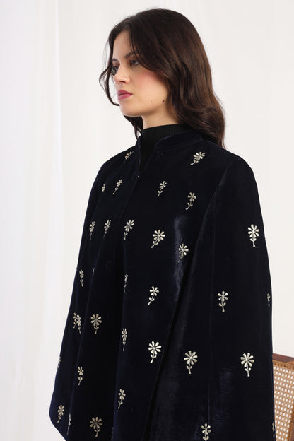 Velvet Floral Embroidered Blue Cape Jacket | Blue