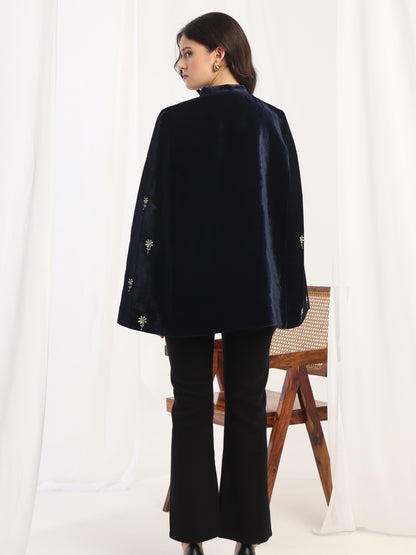 Velvet Floral Embroidered Blue Cape Jacket | Blue