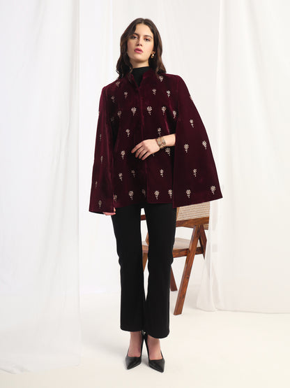 Velvet Floral Embroidered Maroon Cape Jacket | Maroon