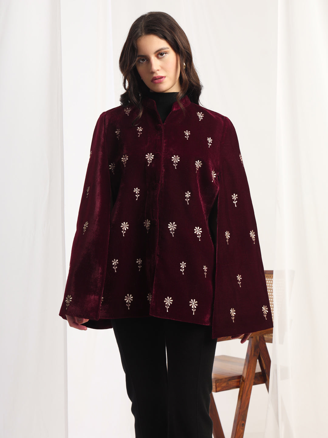 Velvet Floral Embroidered Maroon Cape Jacket | Maroon