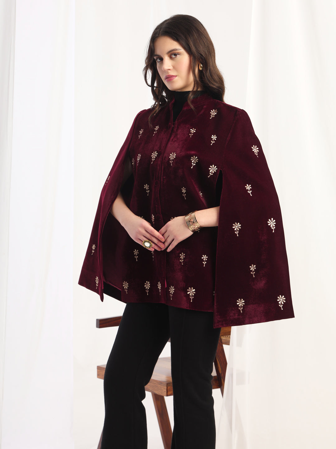 Velvet Floral Embroidered Maroon Cape Jacket | Maroon