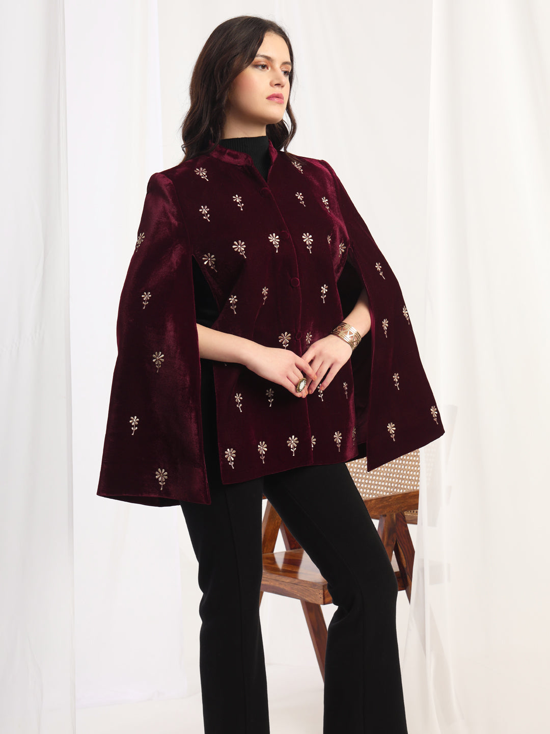 Velvet Floral Embroidered Maroon Cape Jacket | Maroon