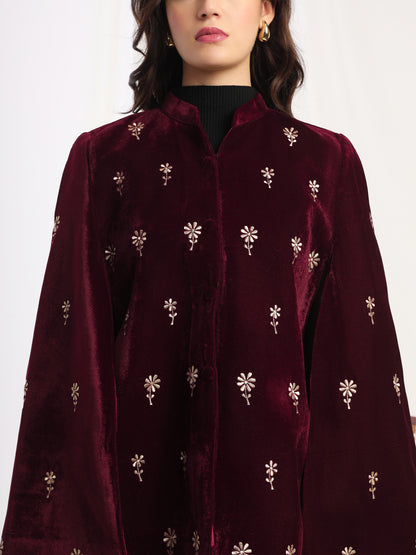 Velvet Floral Embroidered Maroon Cape Jacket | Maroon