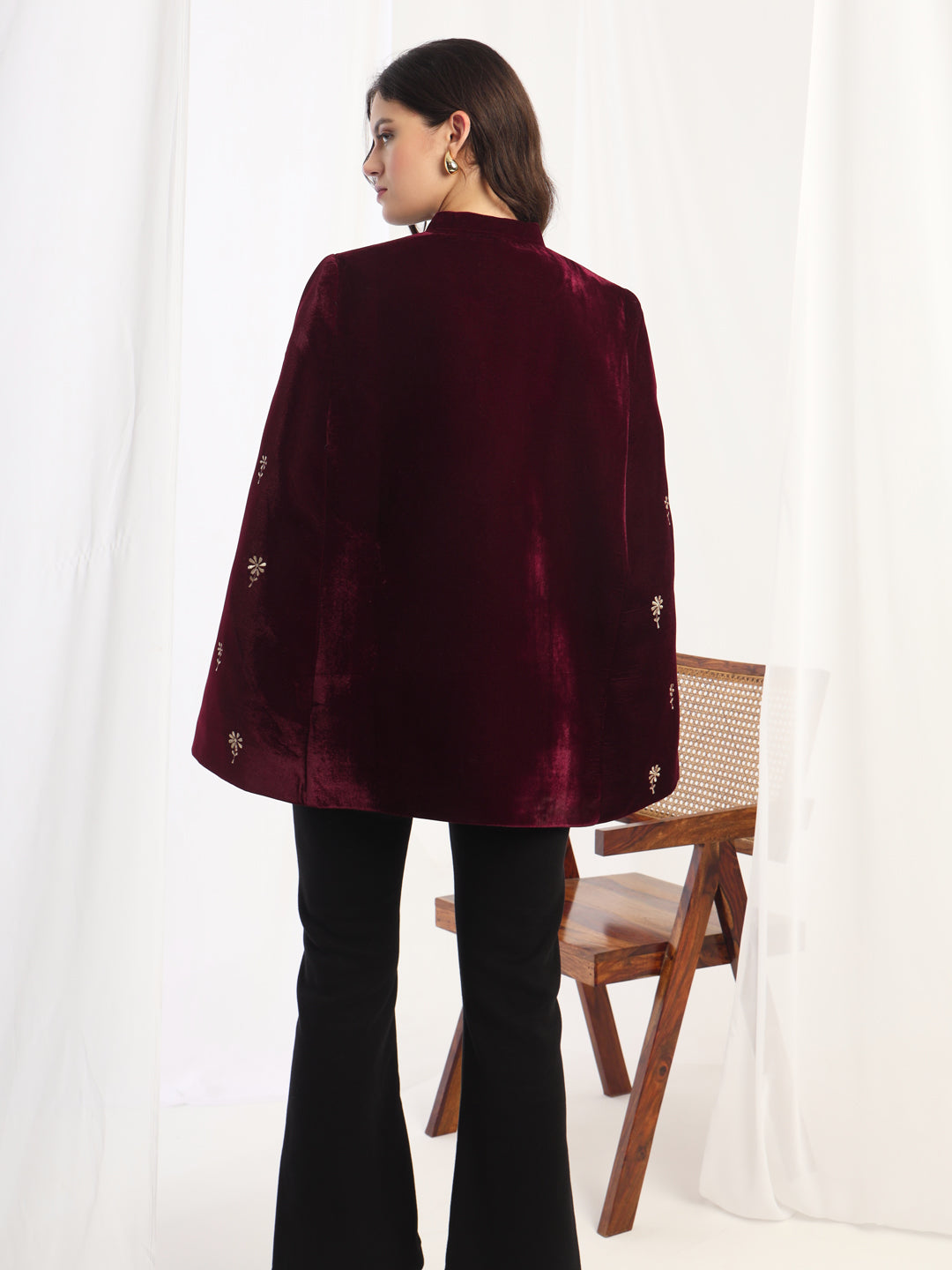 Velvet Floral Embroidered Maroon Cape Jacket | Maroon