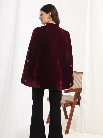 Velvet Floral Embroidered Maroon Cape Jacket | Maroon