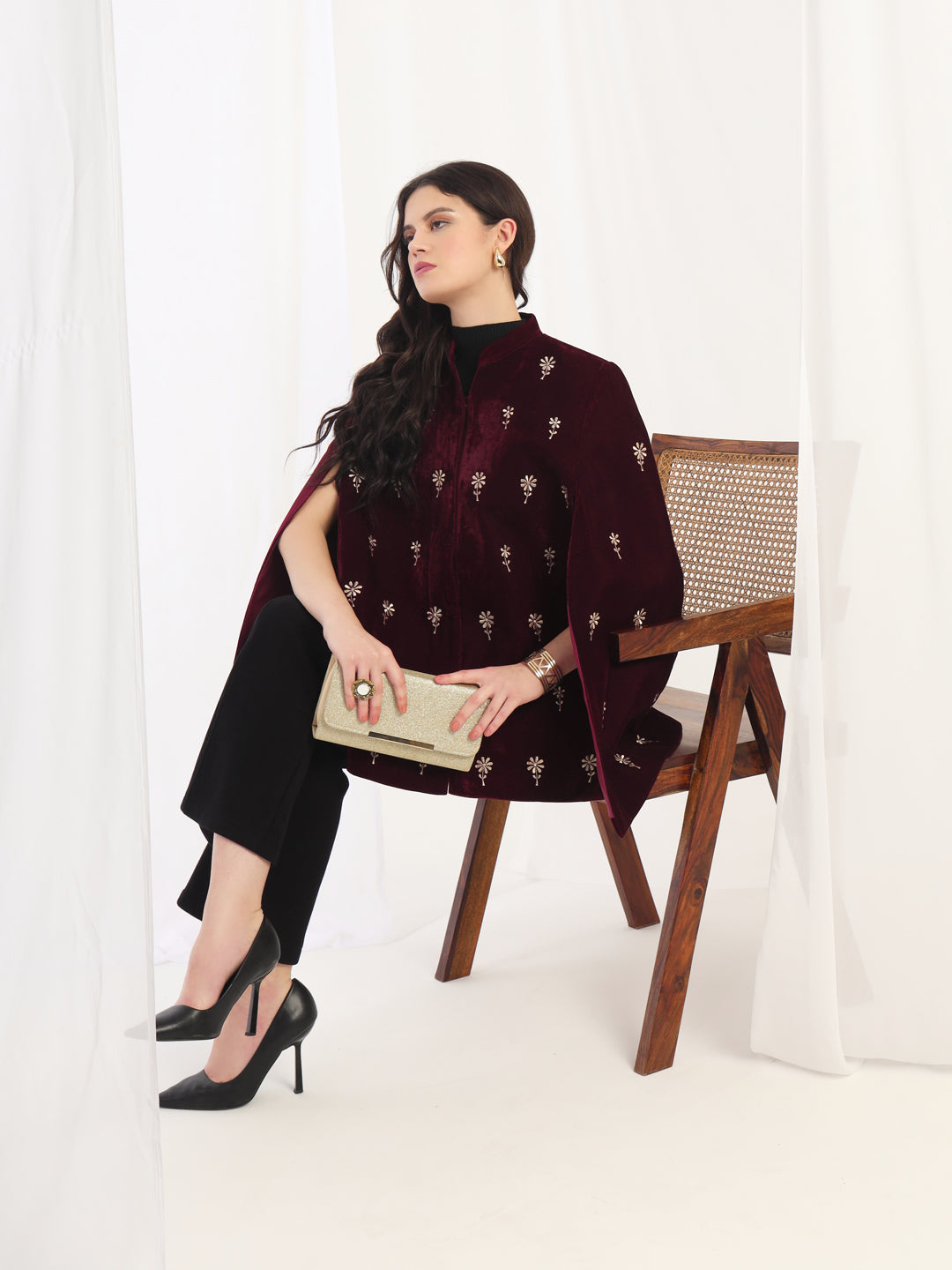 Velvet Floral Embroidered Maroon Cape Jacket | Maroon