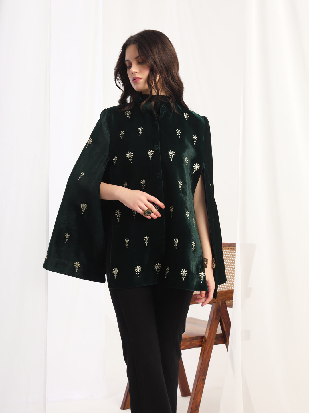 Velvet Floral Embroidered Green Cape Jacket | Green