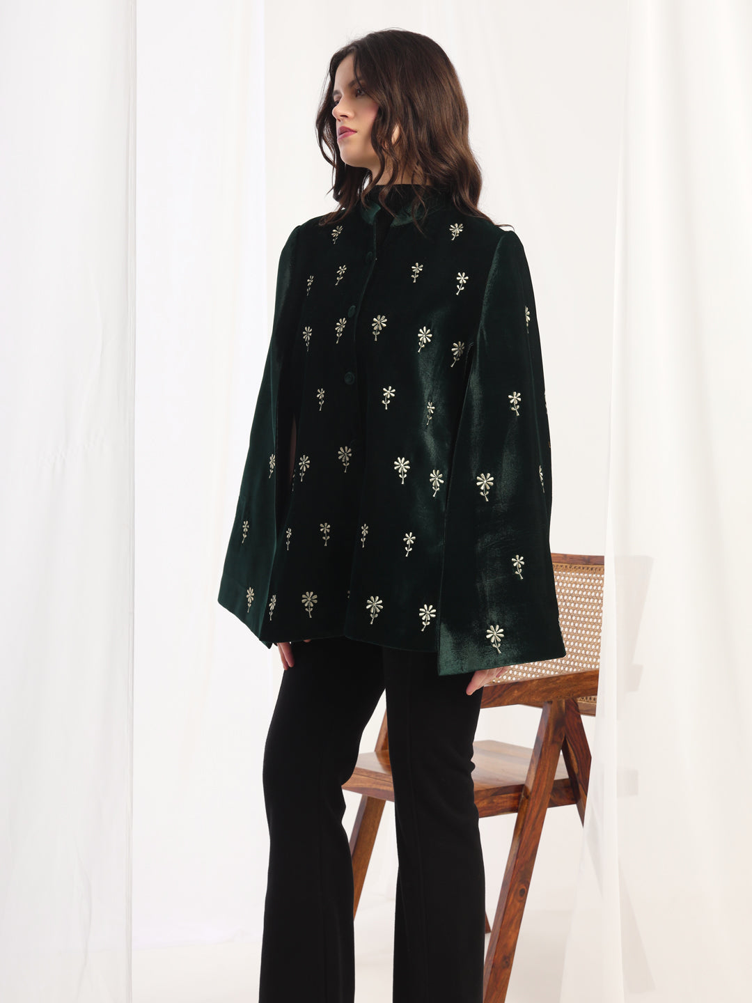 Velvet Floral Embroidered Green Cape Jacket | Green