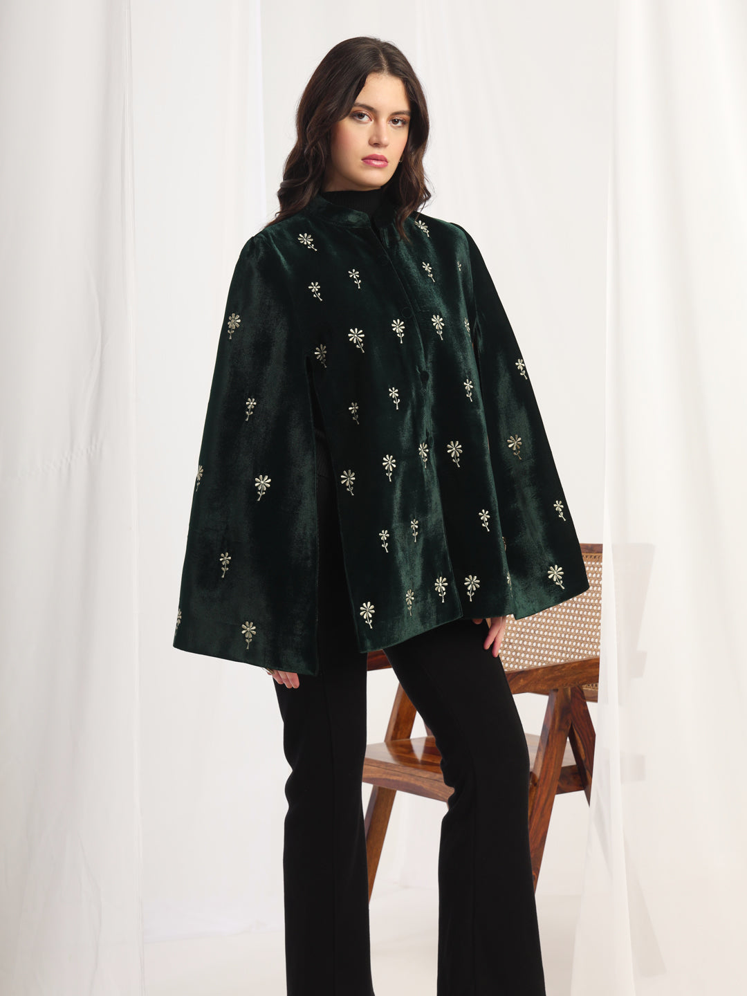 Velvet Floral Embroidered Green Cape Jacket | Green