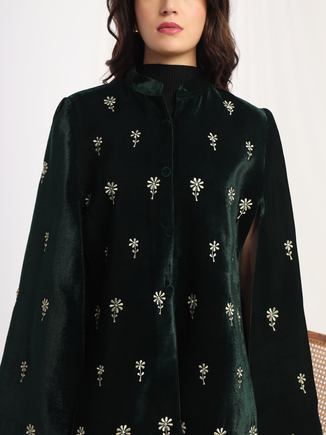 Velvet Floral Embroidered Green Cape Jacket | Green