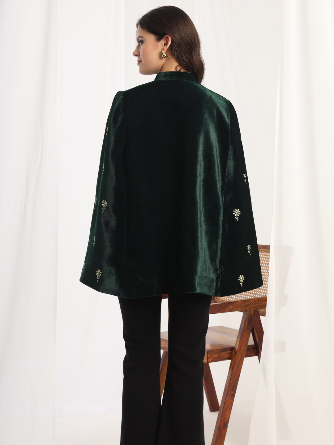 Velvet Floral Embroidered Green Cape Jacket | Green