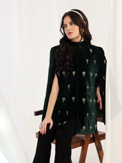 Velvet Floral Embroidered Green Cape Jacket | Green