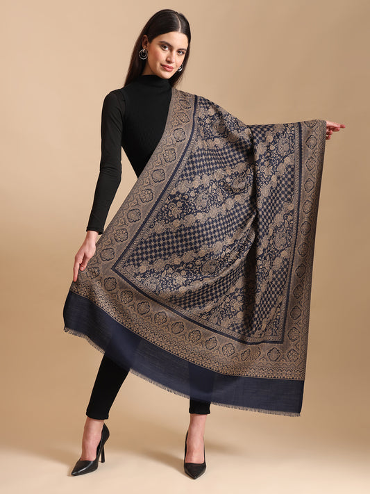 Jacquard Woven Kani Shawl with Fine Floral Motifs | Navy