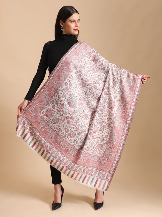 Kani Weave Floral Jaal Pattern Shawl For Women | White