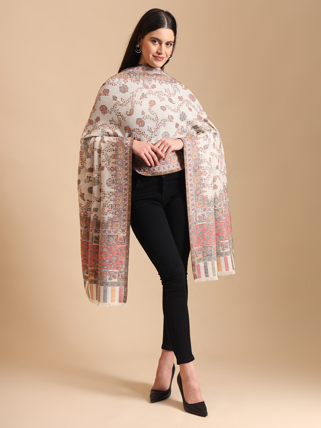 Kani Floral Weave Pure Wool Shawl For Women | White