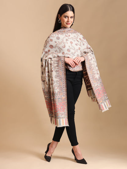 Kani Floral Weave Pure Wool Shawl For Women | White