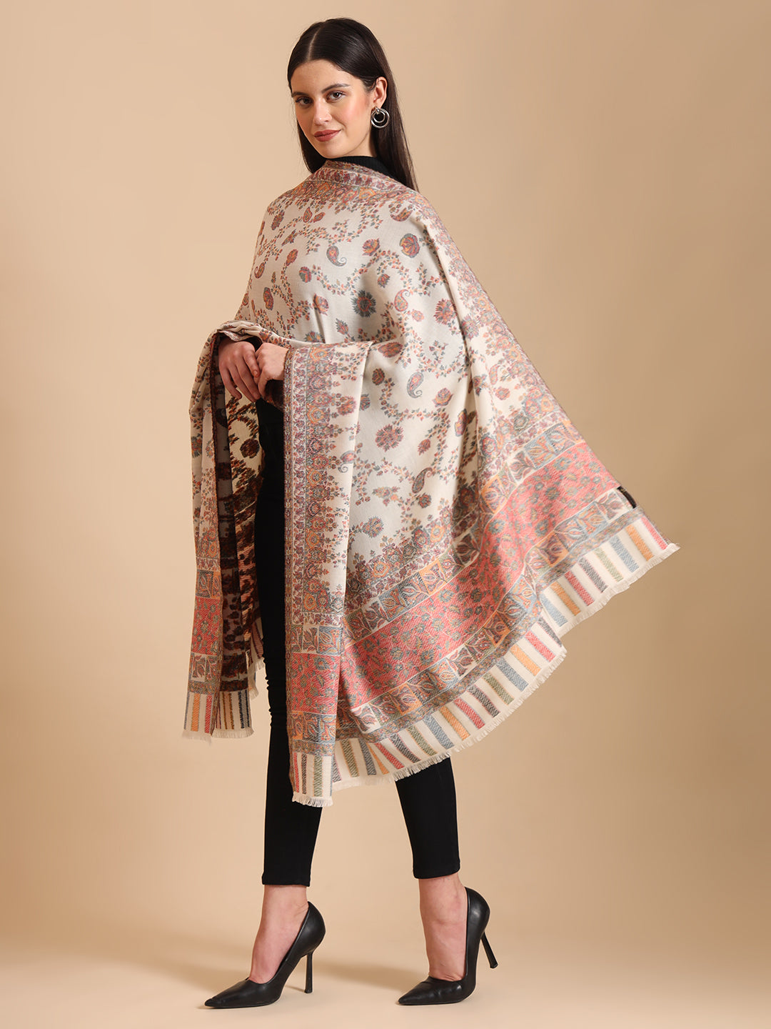 Kani Floral Weave Pure Wool Shawl For Women | White