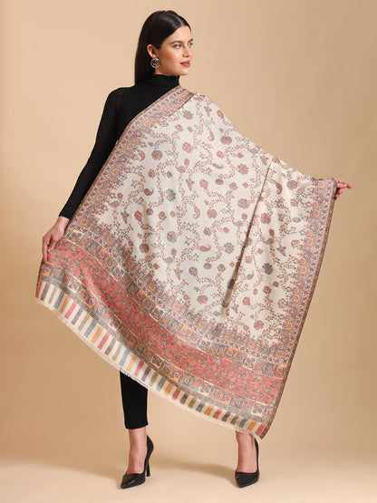 Kani Floral Weave Pure Wool Shawl For Women | White