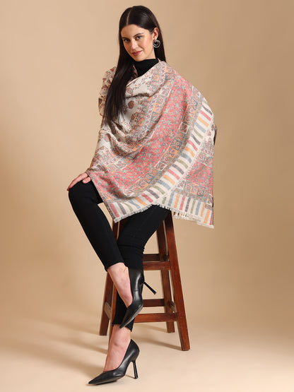 Kani Floral Weave Pure Wool Shawl For Women | White