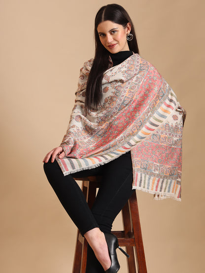 Kani Floral Weave Pure Wool Shawl For Women | White