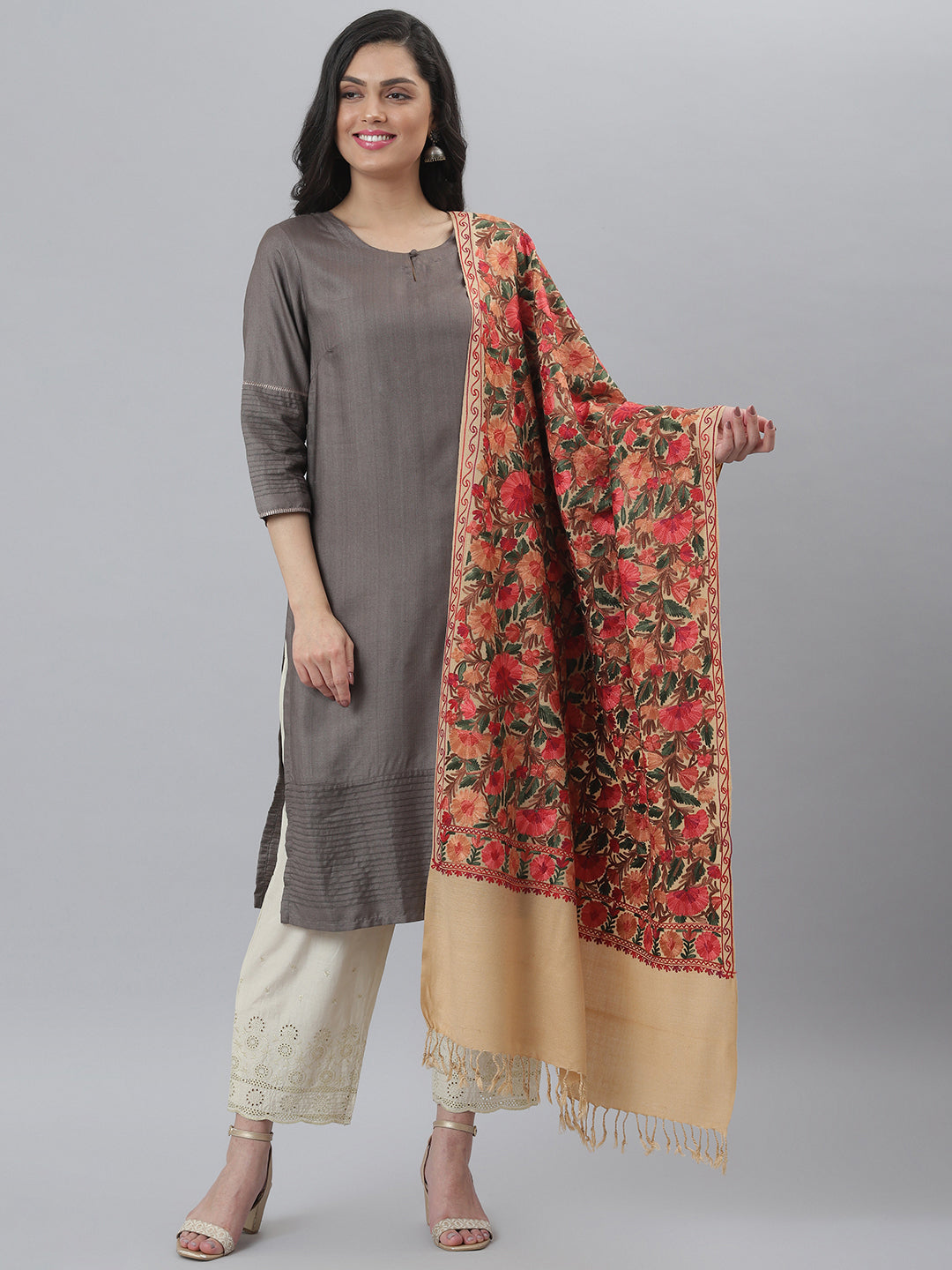 Kashmiri Aari Embroidery Woollen Stole | Brown