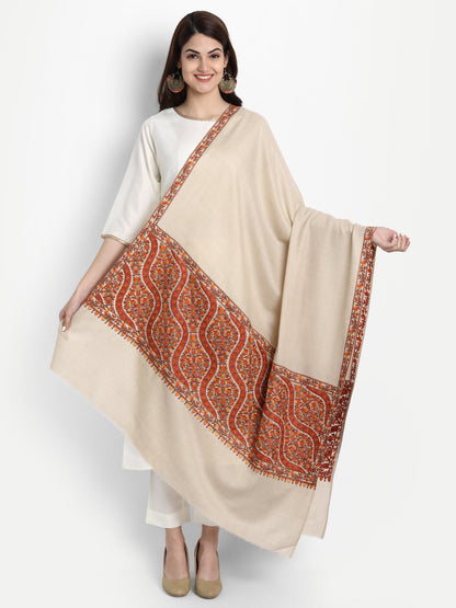 Fine Embroidery Paper Mache Daur Kashmiri Wool Shawl | Beige - Zamour