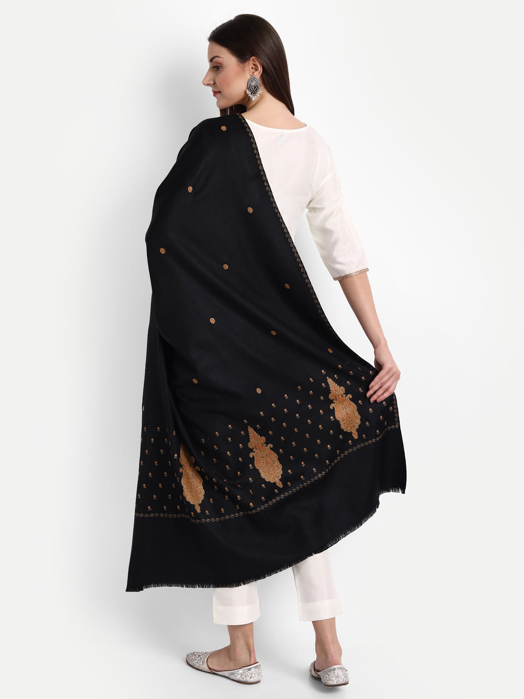 Fine Embroidery Paper Mache Kashmiri Wool Shawl | Black - Zamour