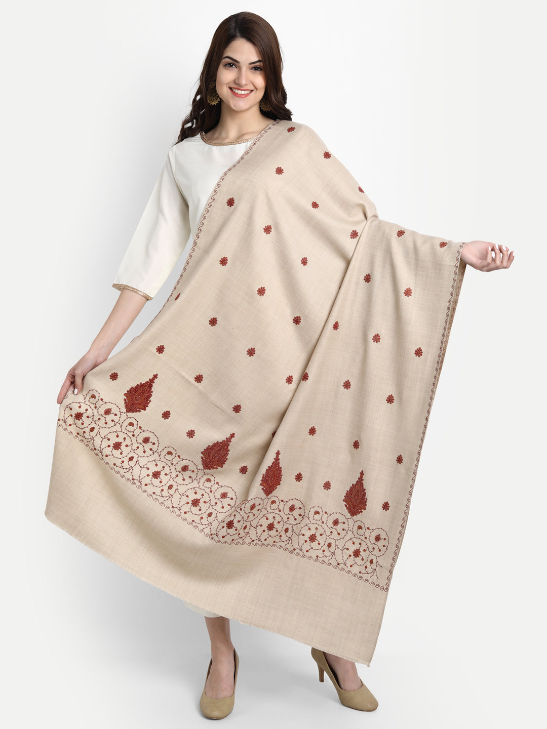 Fine Embroidery Paper Mache Kashmiri Wool Shawl | Creame - Zamour