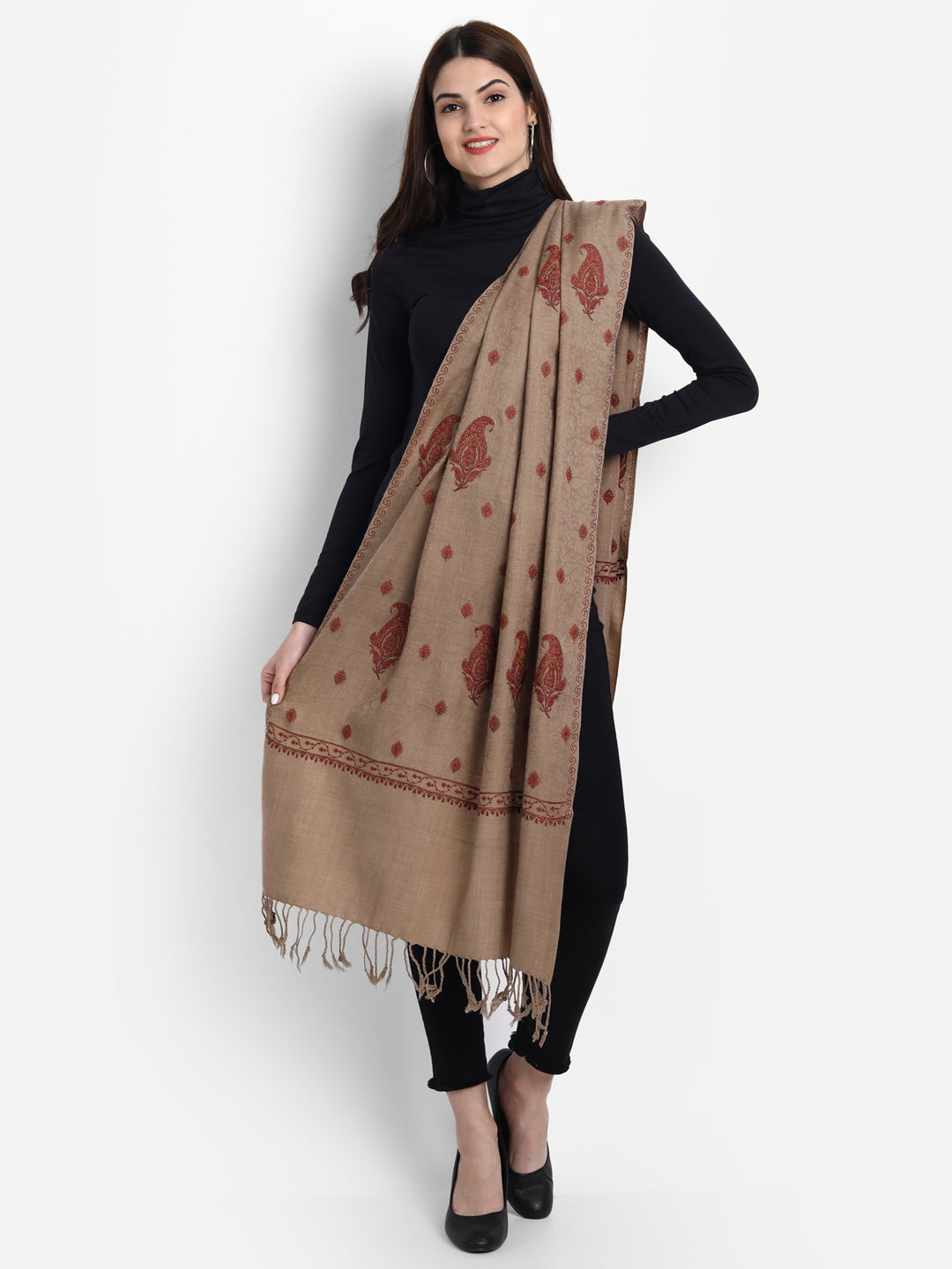 Fine Embroidery Paper Mache Kashmiri Wool Stole | Beige - Zamour