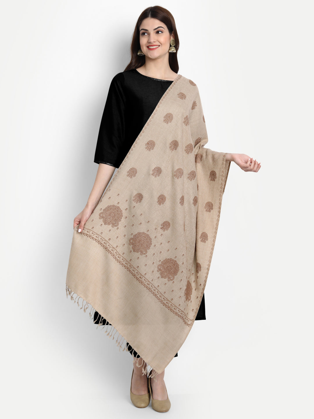 Fine Sozni Embroidery Kashmiri Wool Stole | Beige - Zamour