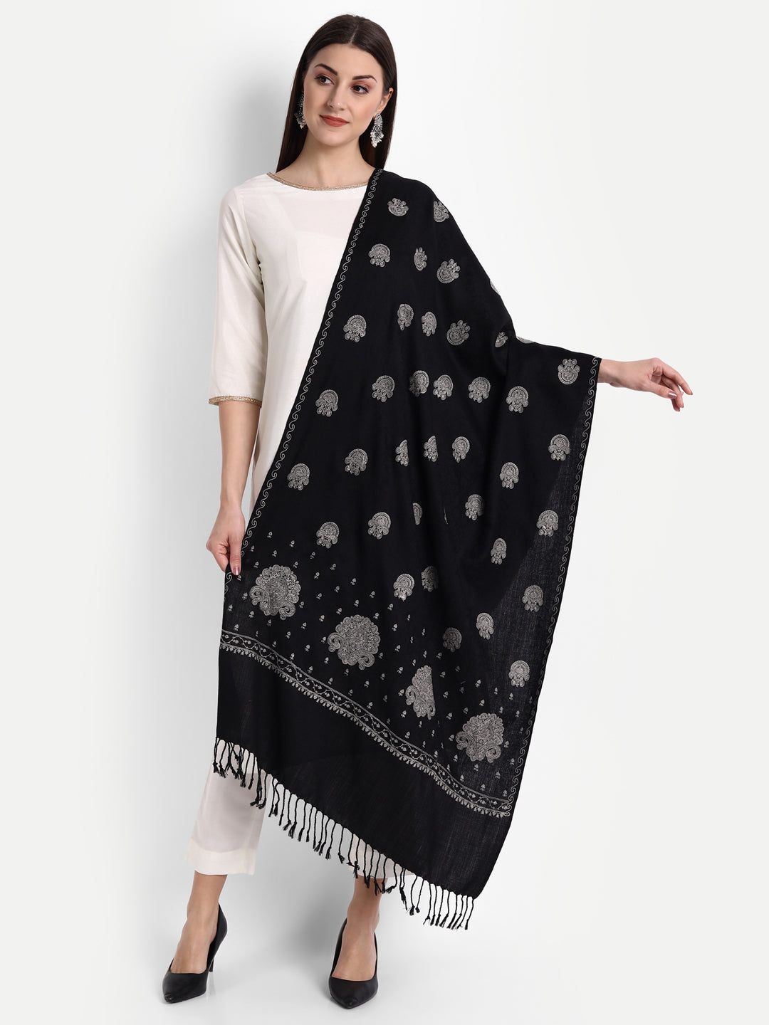 Fine Sozni Embroidery Kashmiri Wool Stole | Black - Zamour