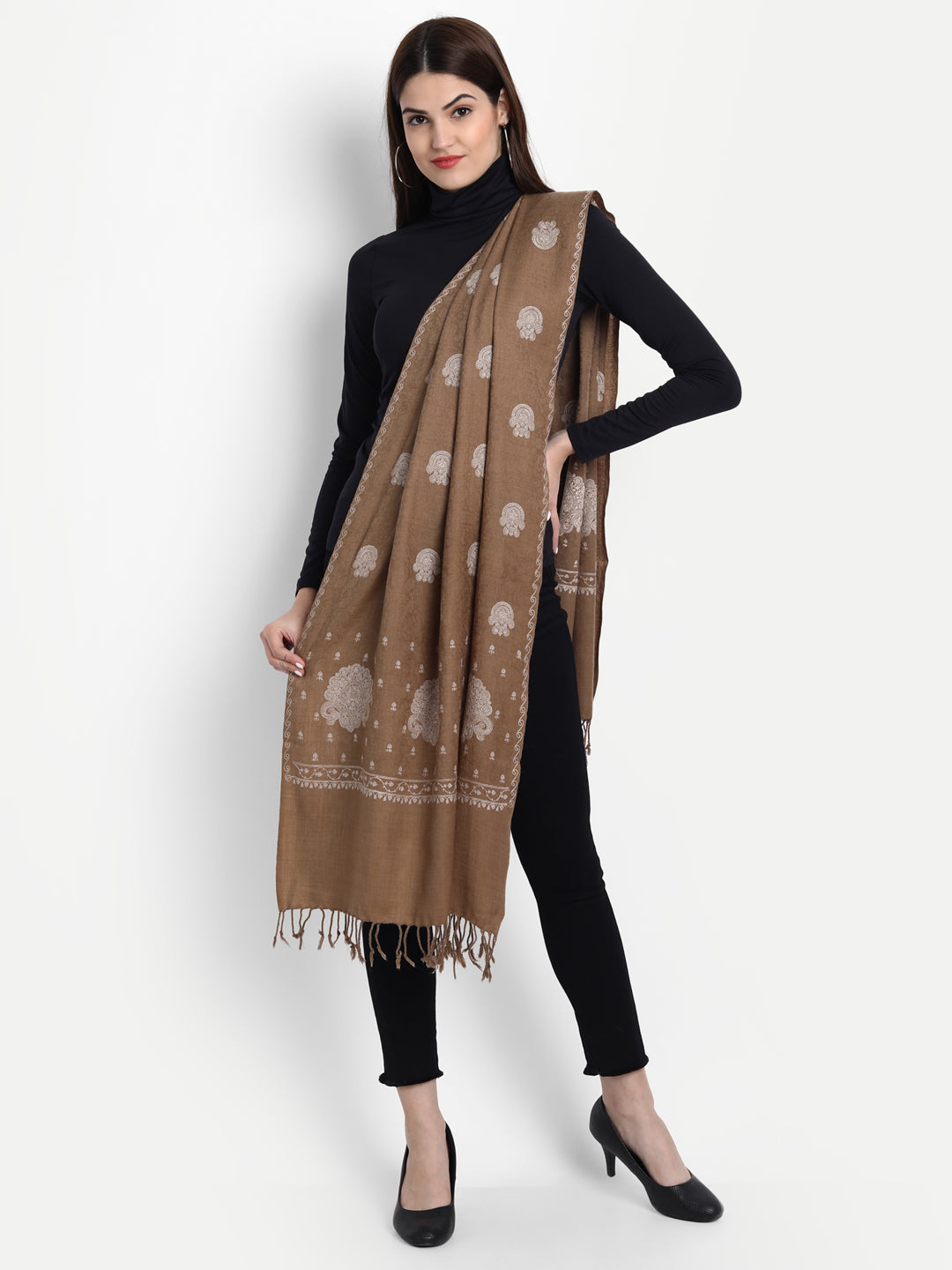 Fine Sozni Embroidery Kashmiri Wool Stole | Brown - Zamour