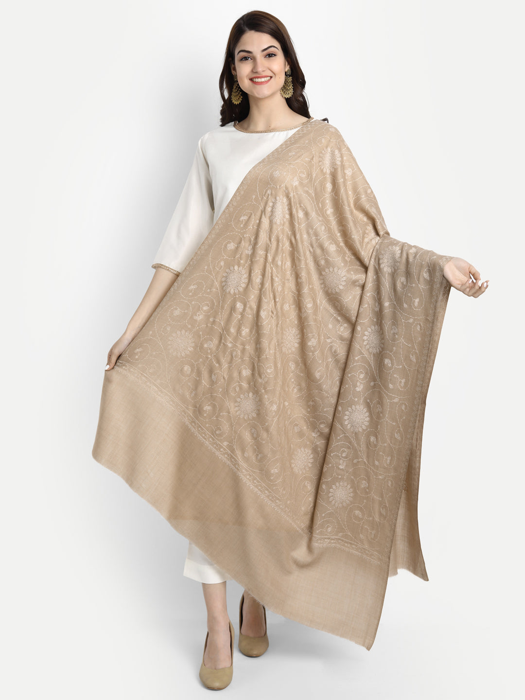 Fine Sozni Jaal Embroidery Kashmiri Wool Shawl | Beige - Zamour