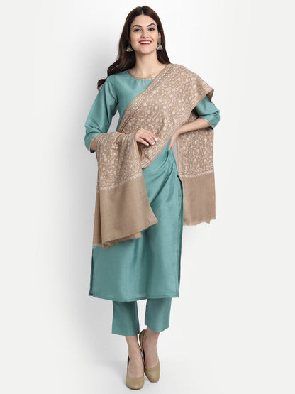 Fine Sozni Jaal Embroidery Kashmiri Wool Shawl | Brown - Zamour