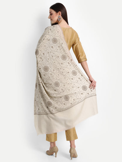 Fine Sozni Jaal Embroidery Kashmiri Wool Shawl | Creame - Zamour