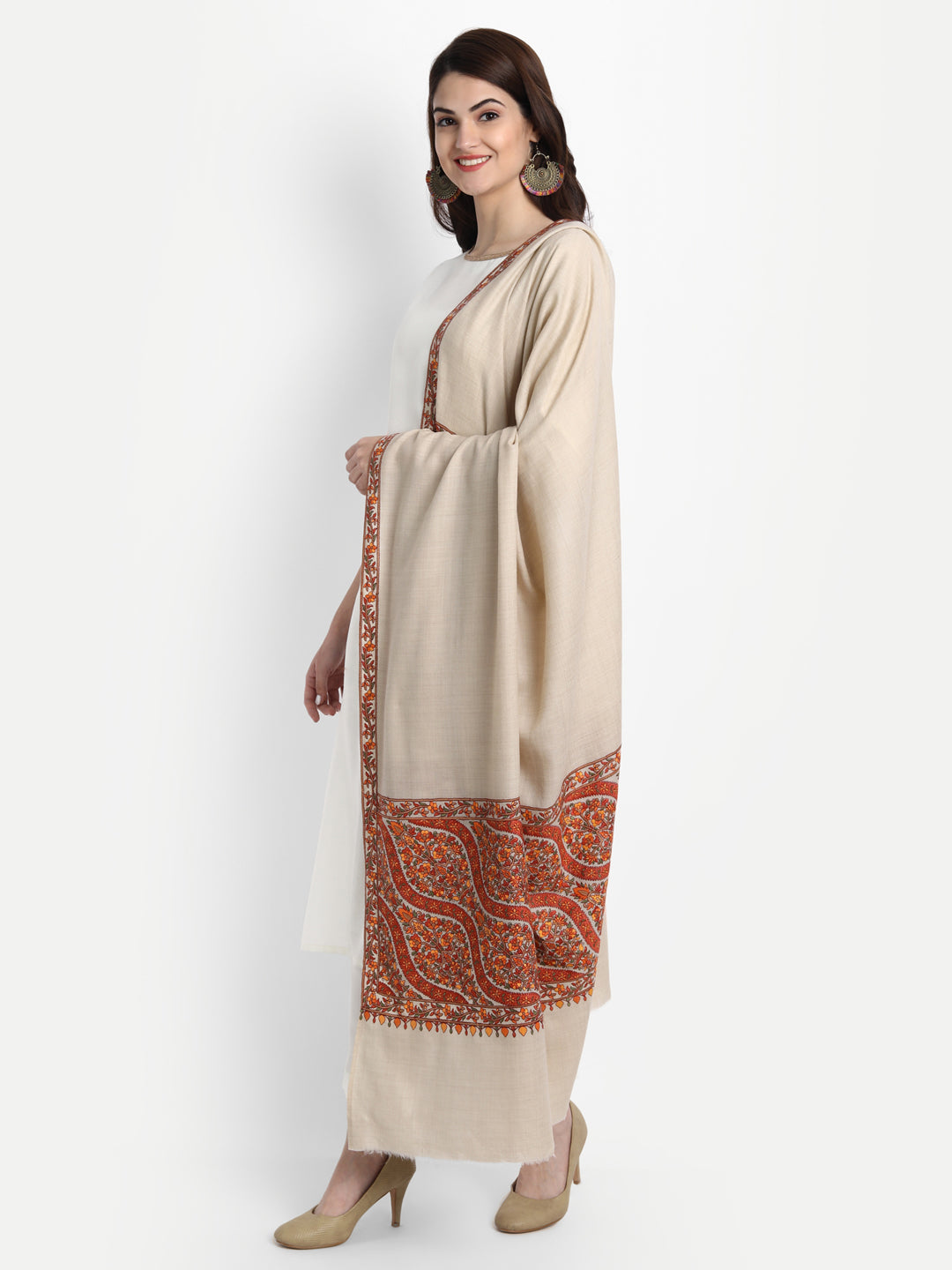 Fine Embroidery Paper Mache Daur Kashmiri Wool Shawl | Beige - Zamour