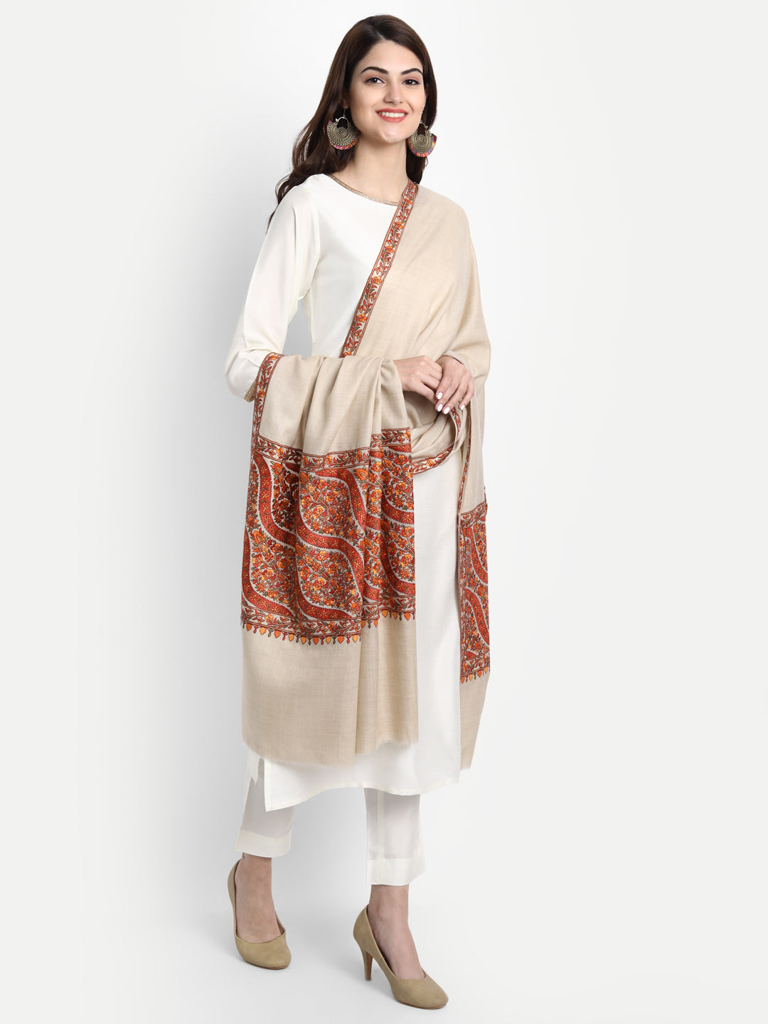 Fine Embroidery Paper Mache Daur Kashmiri Wool Shawl | Beige - Zamour