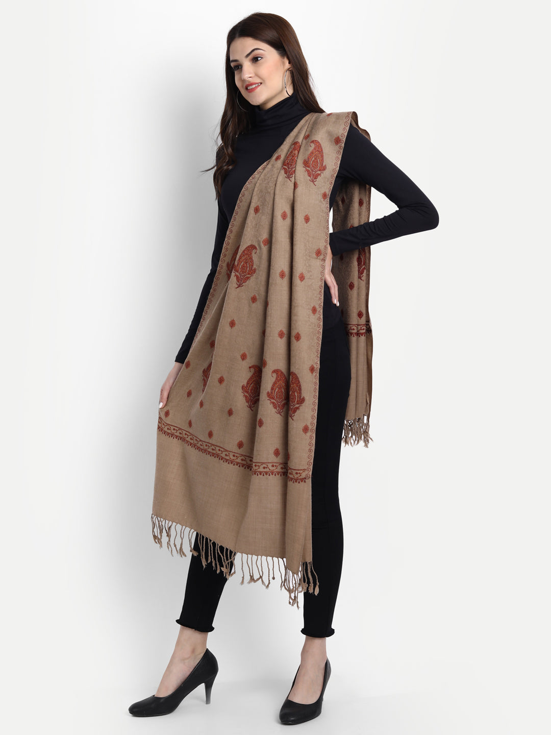 Fine Embroidery Paper Mache Kashmiri Wool Stole | Beige - Zamour