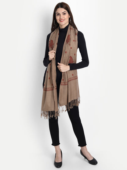 Fine Embroidery Paper Mache Kashmiri Wool Stole | Beige - Zamour