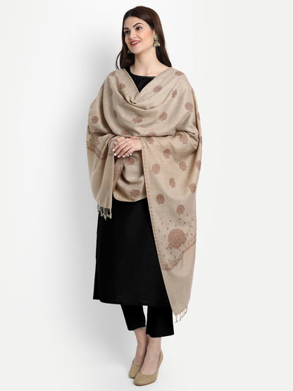 Fine Sozni Embroidery Kashmiri Wool Stole | Beige - Zamour