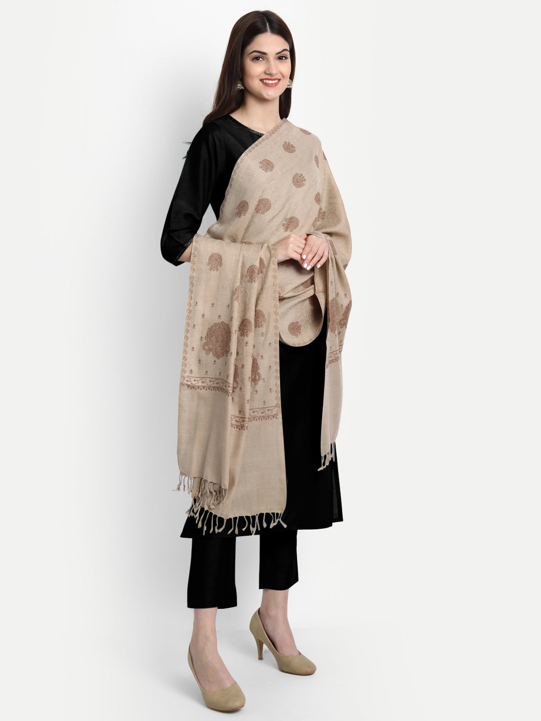 Fine Sozni Embroidery Kashmiri Wool Stole | Beige - Zamour