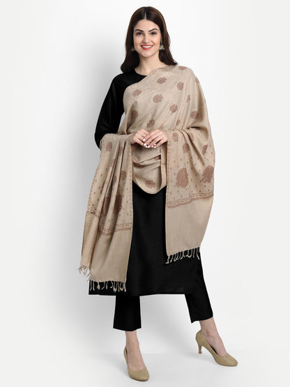 Fine Sozni Embroidery Kashmiri Wool Stole | Beige - Zamour