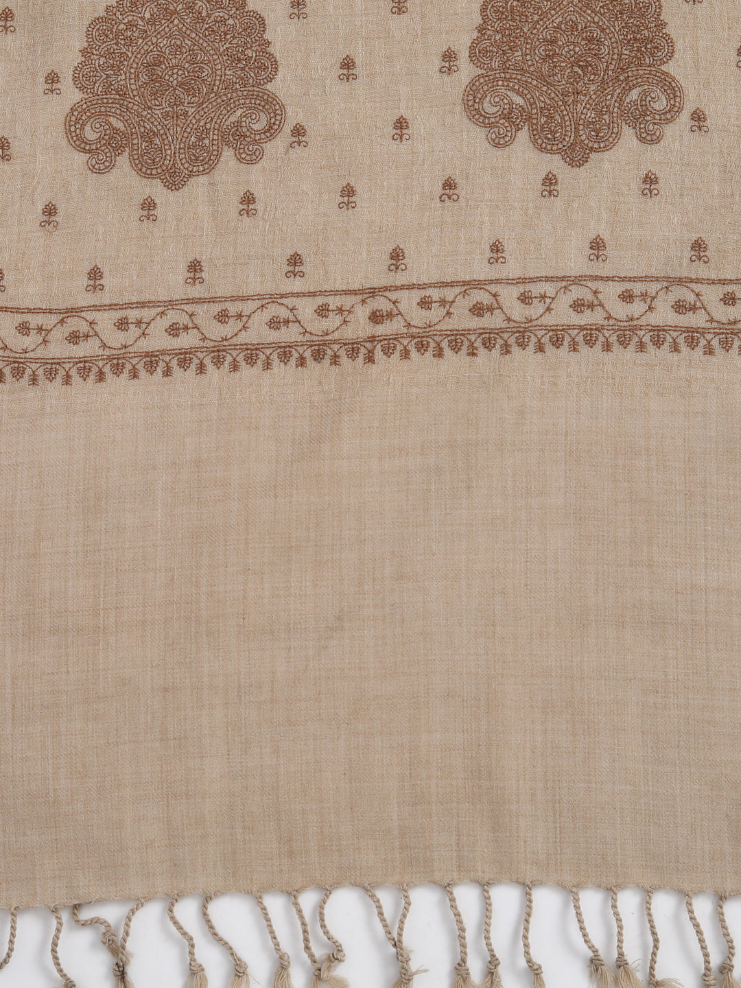 Fine Sozni Embroidery Kashmiri Wool Stole | Beige - Zamour