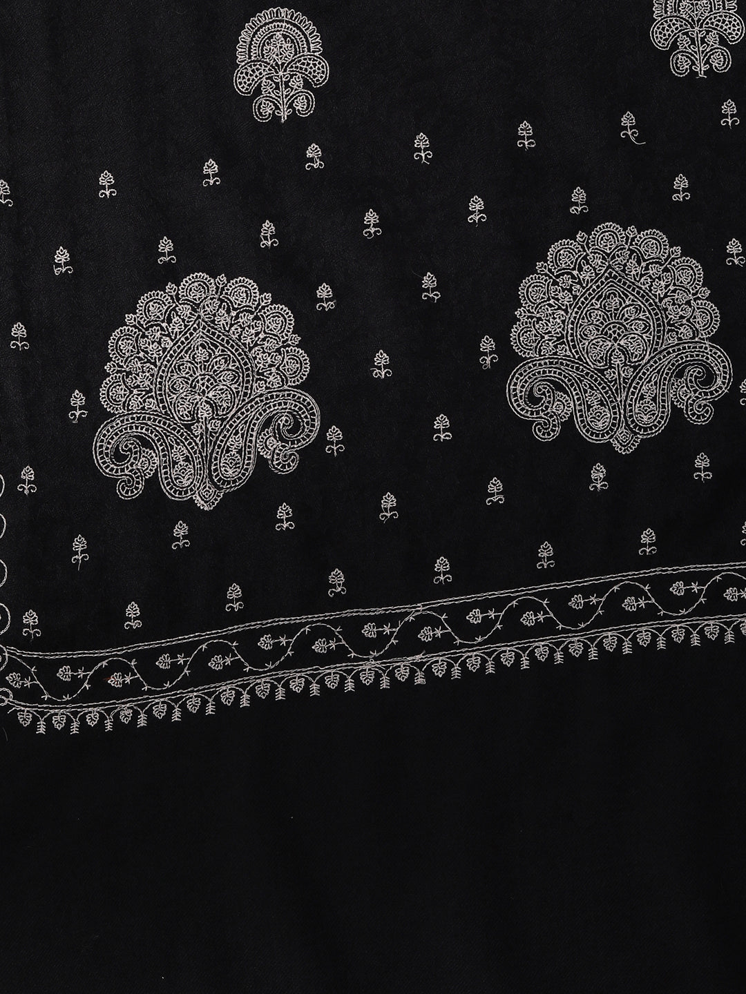 Fine Sozni Embroidery Kashmiri Wool Stole | Black - Zamour