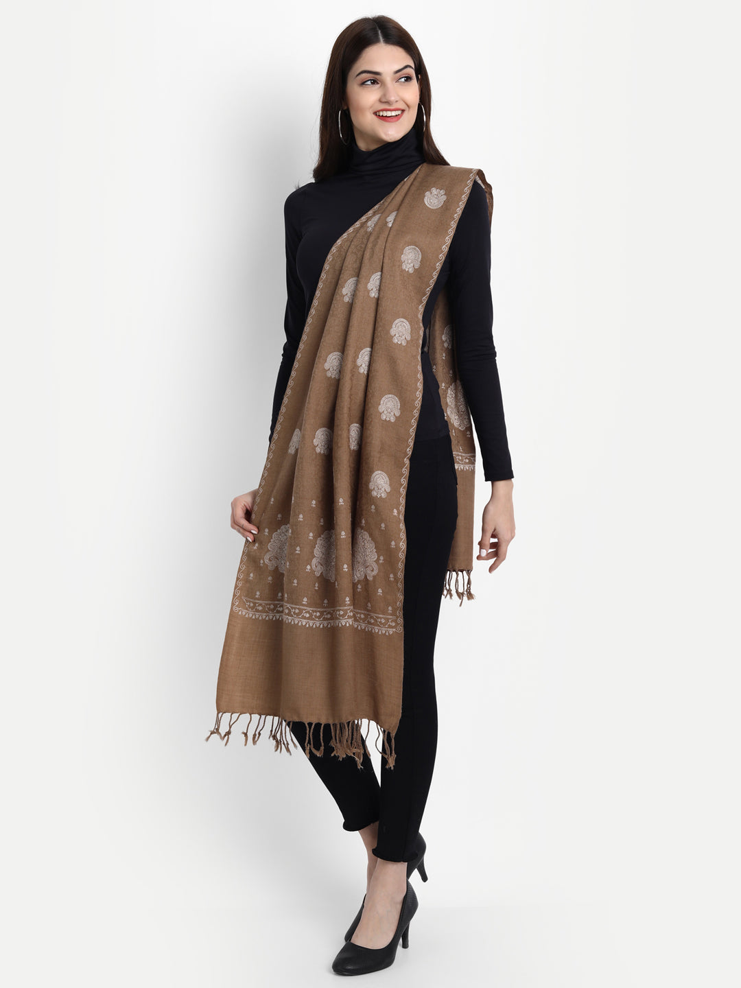 Fine Sozni Embroidery Kashmiri Wool Stole | Brown - Zamour